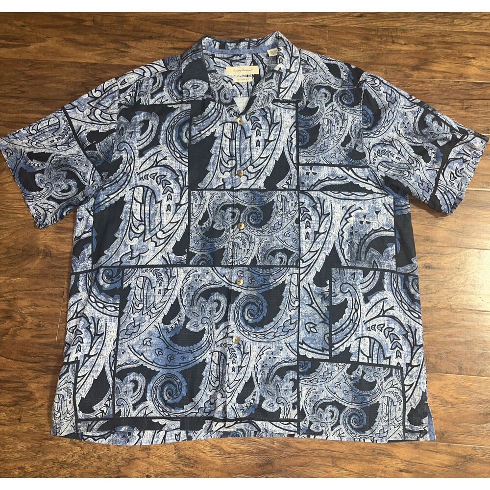 Tommy Bahama 100% Silk Camp Short Sleeve Shirt Blue Men's XXL Coconut Buttons!